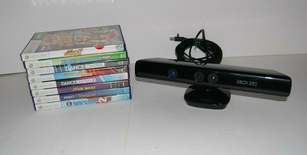 Microsoft Xbox 360 Kinect Connect Black Sensor Bar Model 1414  W/ 9 Games