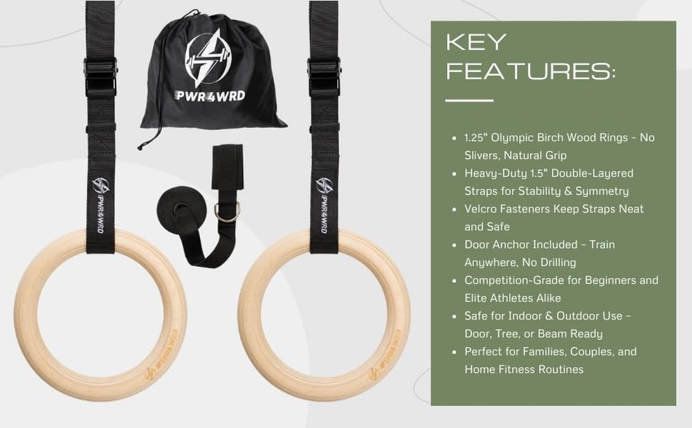 Gymnastic Rings - Durable Home Workout Equipment w/Adjustable Straps & Secure...