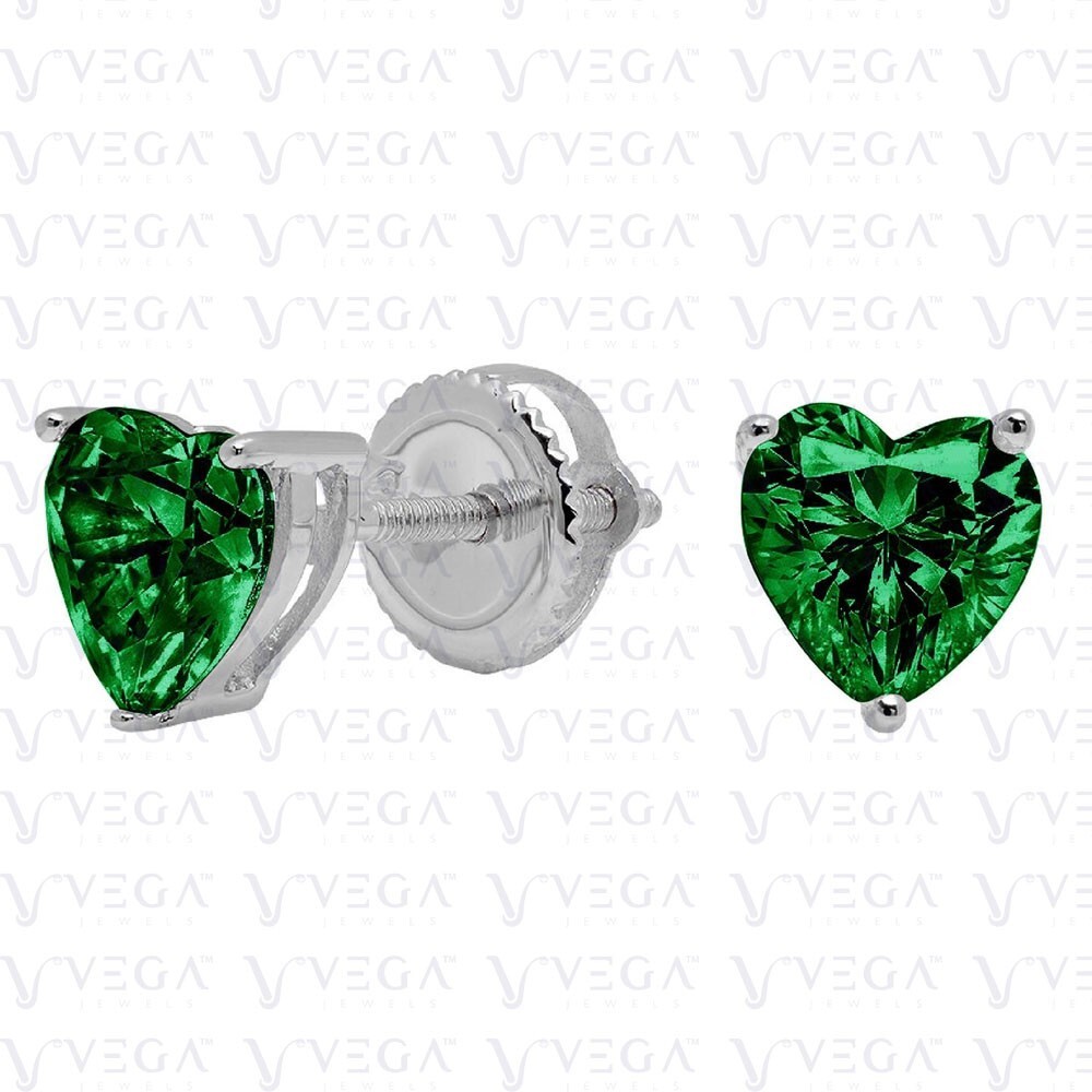 3.50Ct Heart Shape Natural Emerald Solitaire Stud Earring 14K Solid White Gold