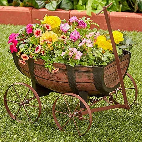 SkyMall Rustic Wagon Planter with Whiskey Barrel Design and Drainage