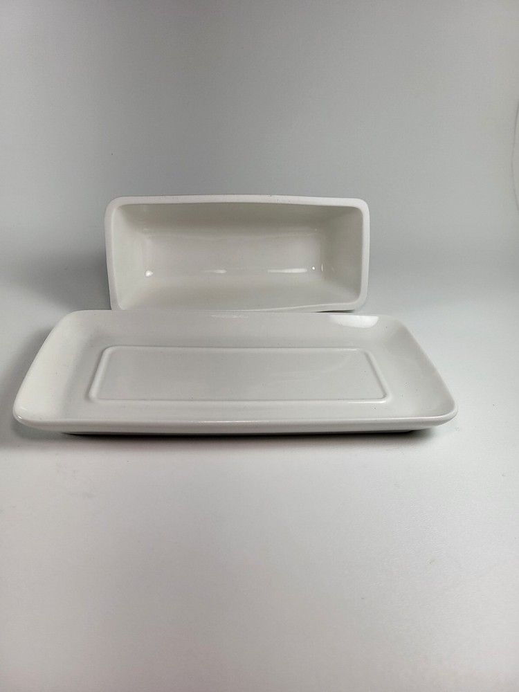 Maison Neuve Ceramic White Butter Dish w/Lid Beaded/Butter Pattern