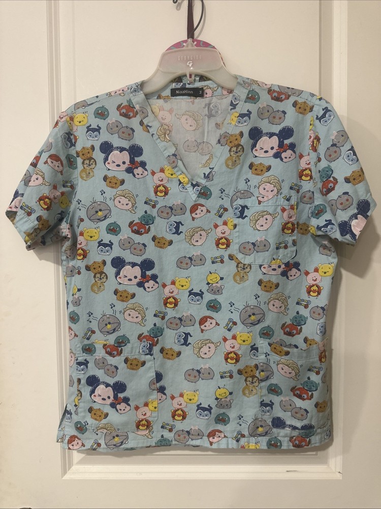 Disney Cuties  Sky Blue Scrub Top 3 Pocket Scrub