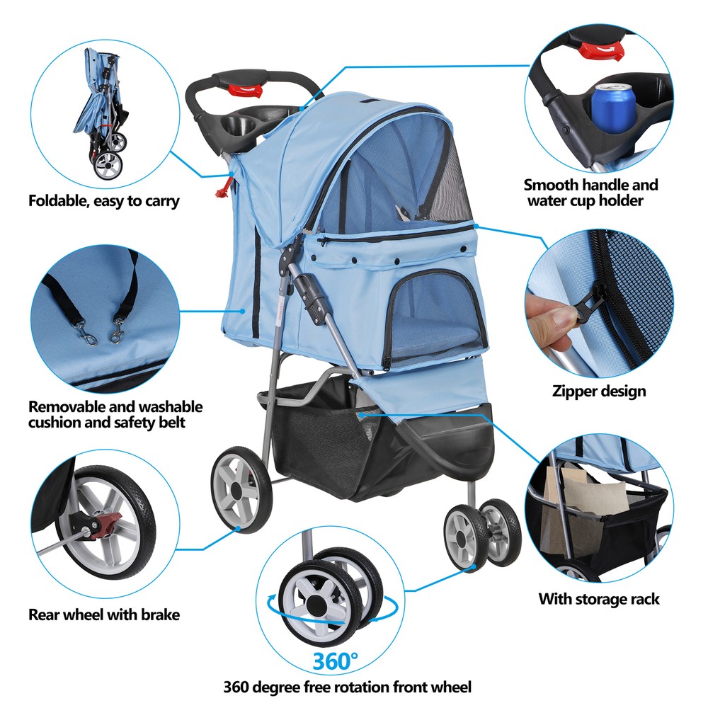 Dog Stroller 3 Wheels Pet Stroller Cat Jogger Stroller Lightweight Foldable Blue
