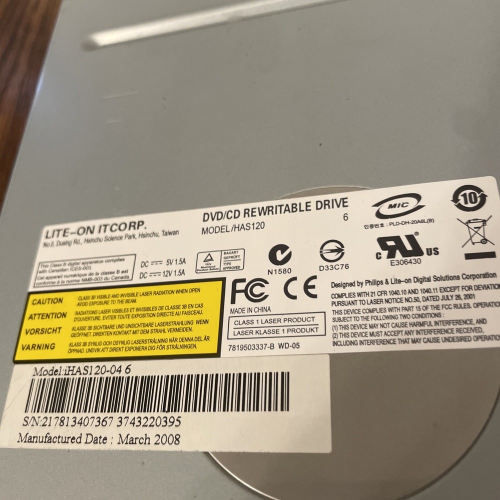 Lite-On DVD/CD Rewritable Drive Model HAS120-04 6 Mfg Date 03/2008 UNTESTED