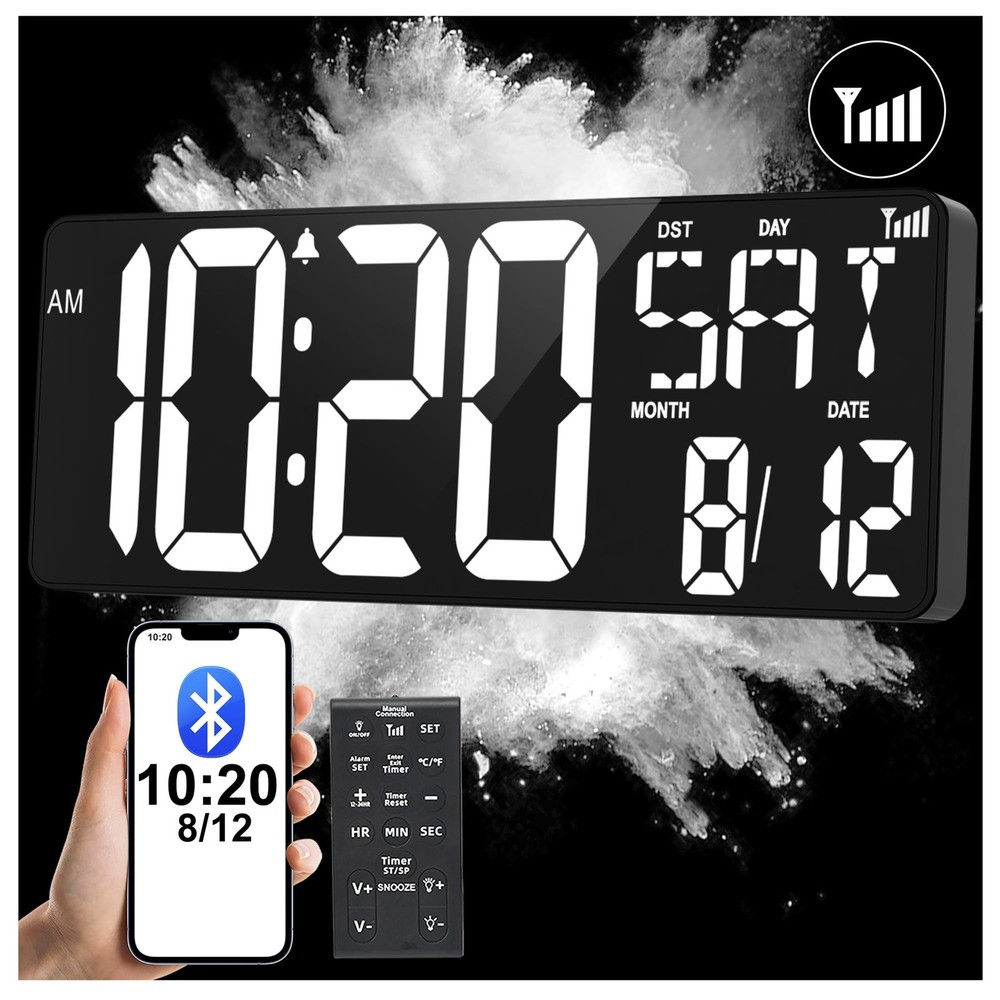 XREXS 17.2" Digital Wall Clock with Remote Control, Bluetooth Sync Time LED D...