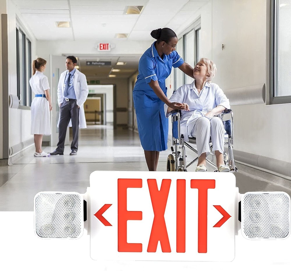 LED Combo Exit Sign Emergency Light, Double Sided with Two LED Flood Lights, ...