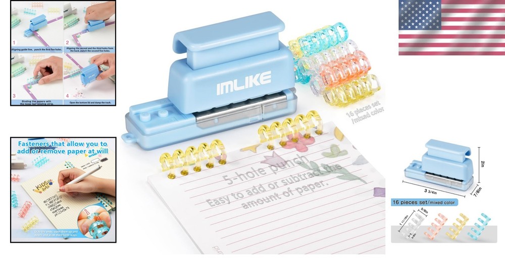 Compact 5-Hole Binding Machine - 16 Loose-Leaf Strips for Customized Notebooks