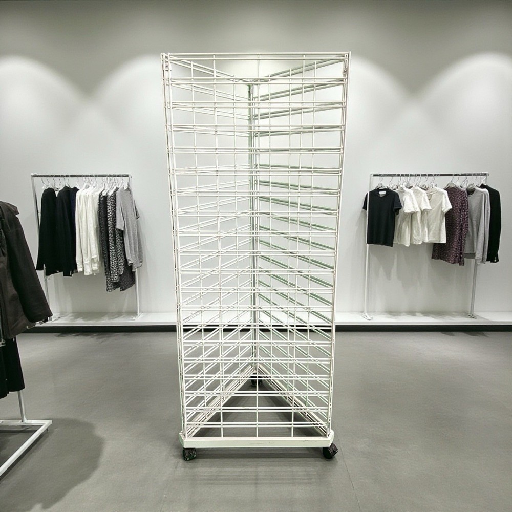 Wire Grid Triangle Tower Display Rack Casters Rolling Casters White 2' x 6 ½' H