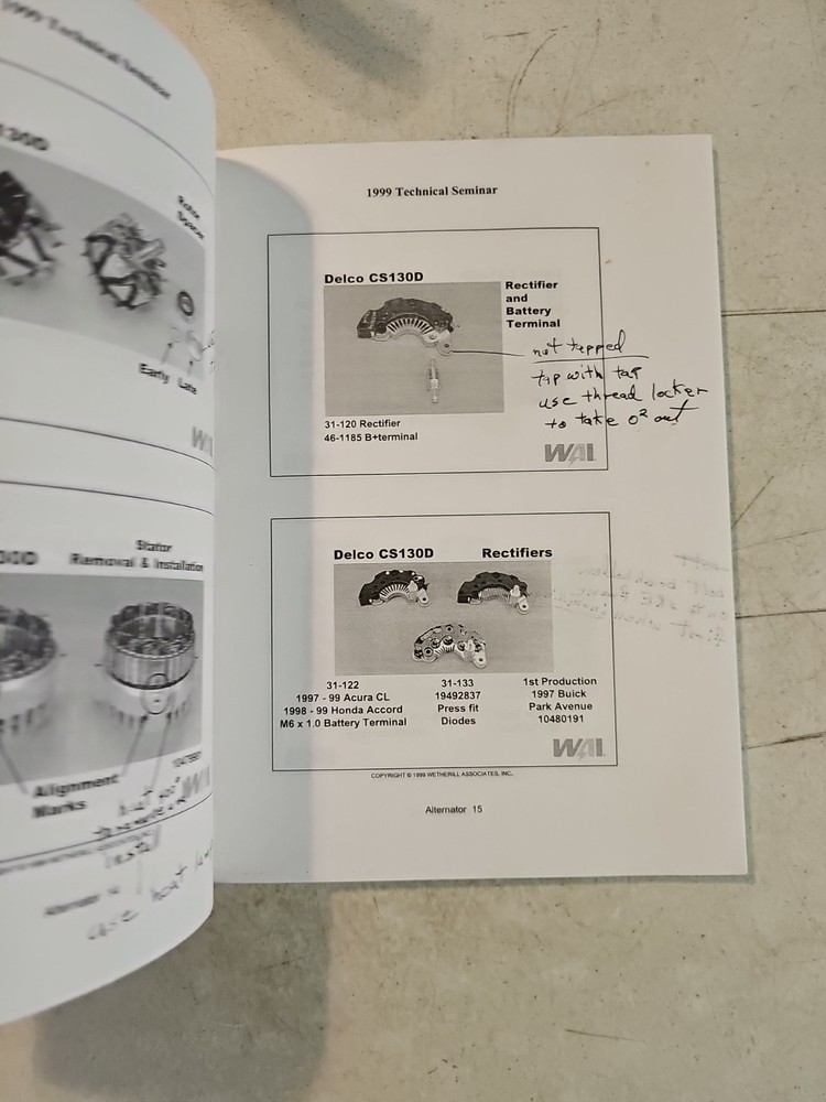 1999 Wetherill Associates Inc Technical Seminar Notebook. Alternators Starters
