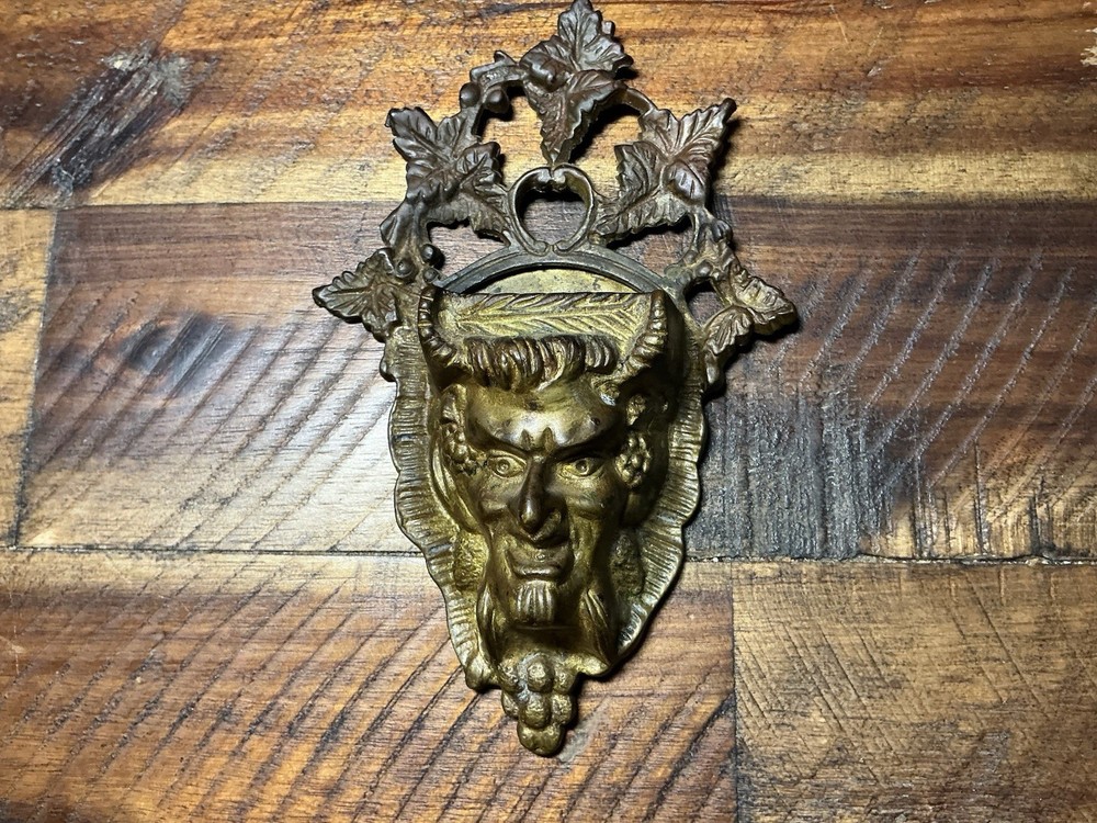 Antique 1800’s Brass Devil Satan Face Match Holder Wall Hanging Wow!