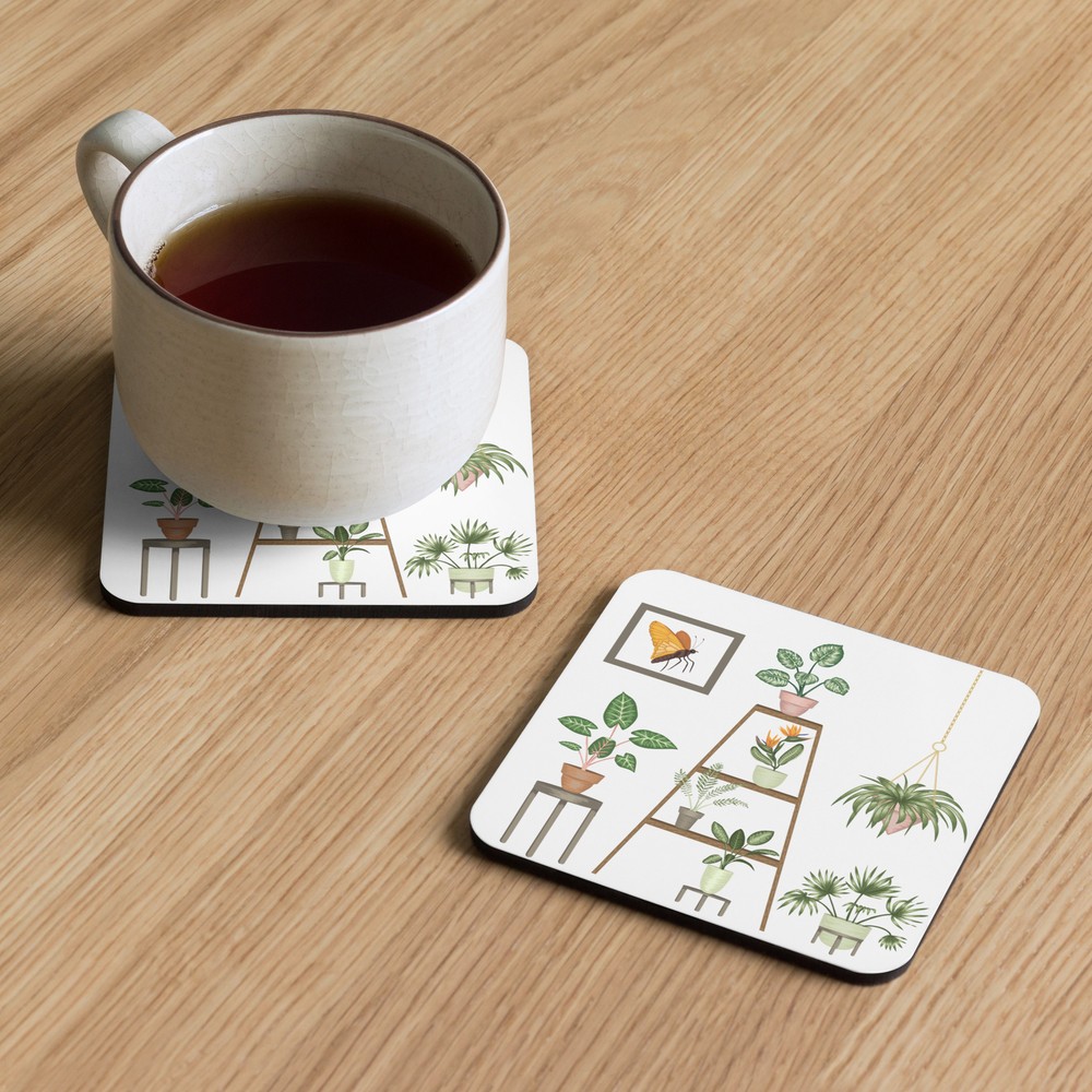 house plants print | cork-back coaster