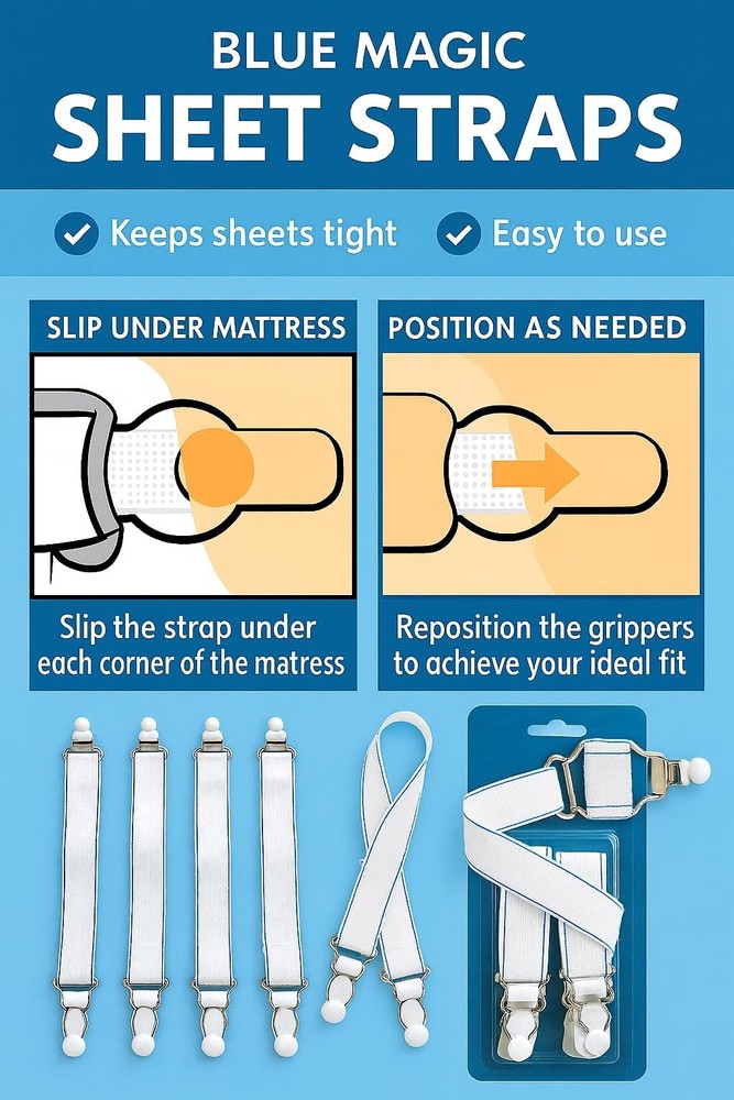 Blue Magic Waterbed Elastic Straps with Non-Slip Fasteners, White