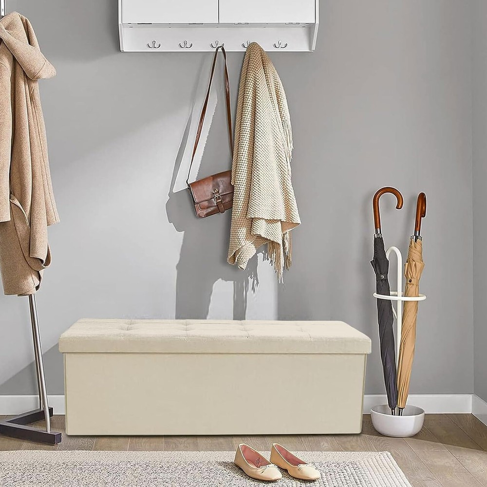 Storage Ottoman Bench Folding Chest Footrest Stool MDF Frame Lid Cream 43"