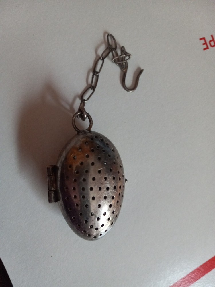 Antique Signed Silver Tea Strainer stamped AEC. Old egg shaped quality