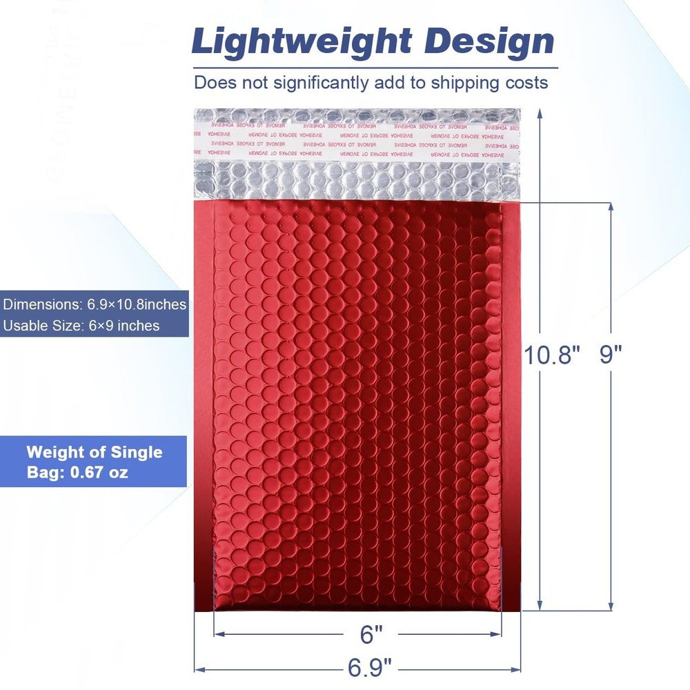 Metallic Matte Red Bubble Mailers Mailing Padded Envelopes 6x10" 25pc,