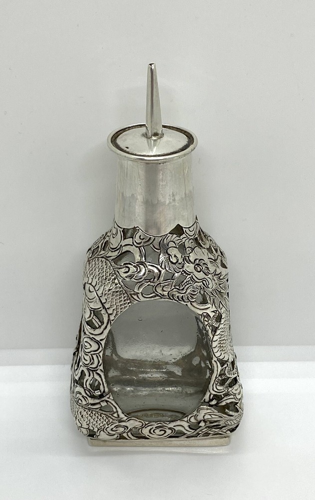Antique Asian Signed Silver Overlay Dragon Pattern Bitters Bottle 5” 143g