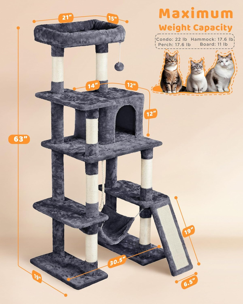 Deluxe 63" Multi-Level Cat Tree with Scratching Posts, Condo, and Hammock