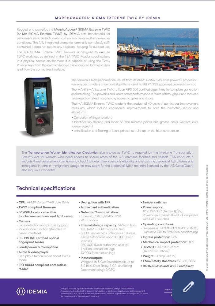 Idemia MorphoAccess Sigma Extreme MPH-AC002A Morpho Card & Hand Reader Scanner