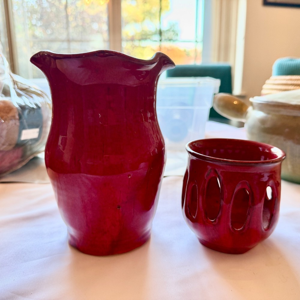 Beautiful Handcrafted Ruby Red Ceramic Vase and Votice Candle Holder