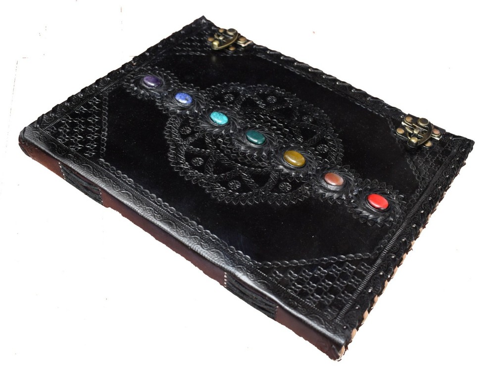 Seven Chakra Stone Embossed Black Leather Journal Book Diary Sketch Notebook
