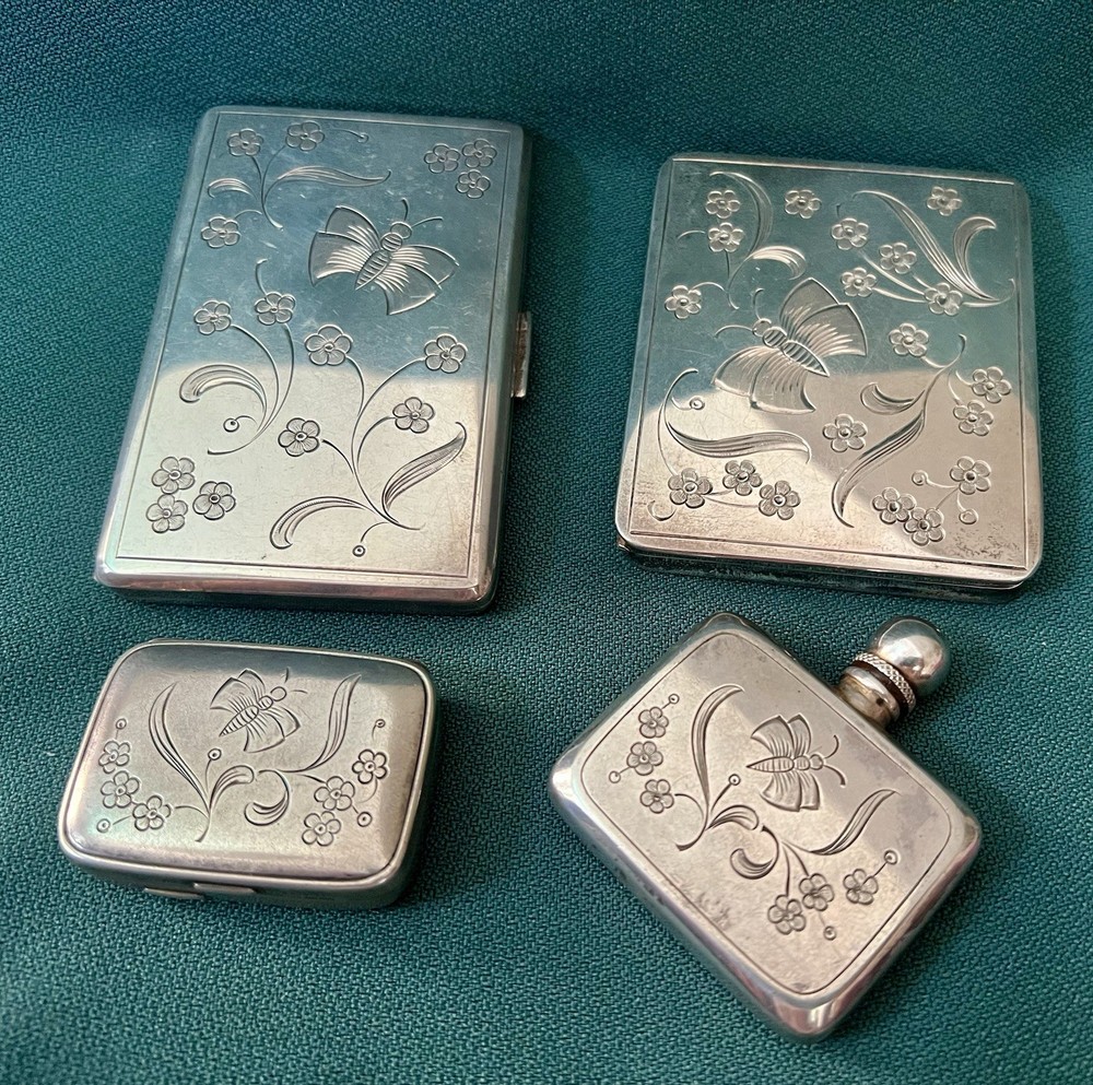 FABULOUS 835 SILVER 4 PIECE ETCHED CIGARETTE CASE COMPACT PERFUME PILL BOX SET