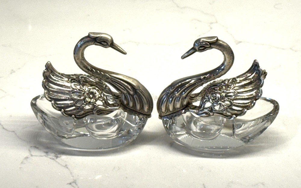 Pair Of 835 Silver & Crystal Swan Open Salt Cellars