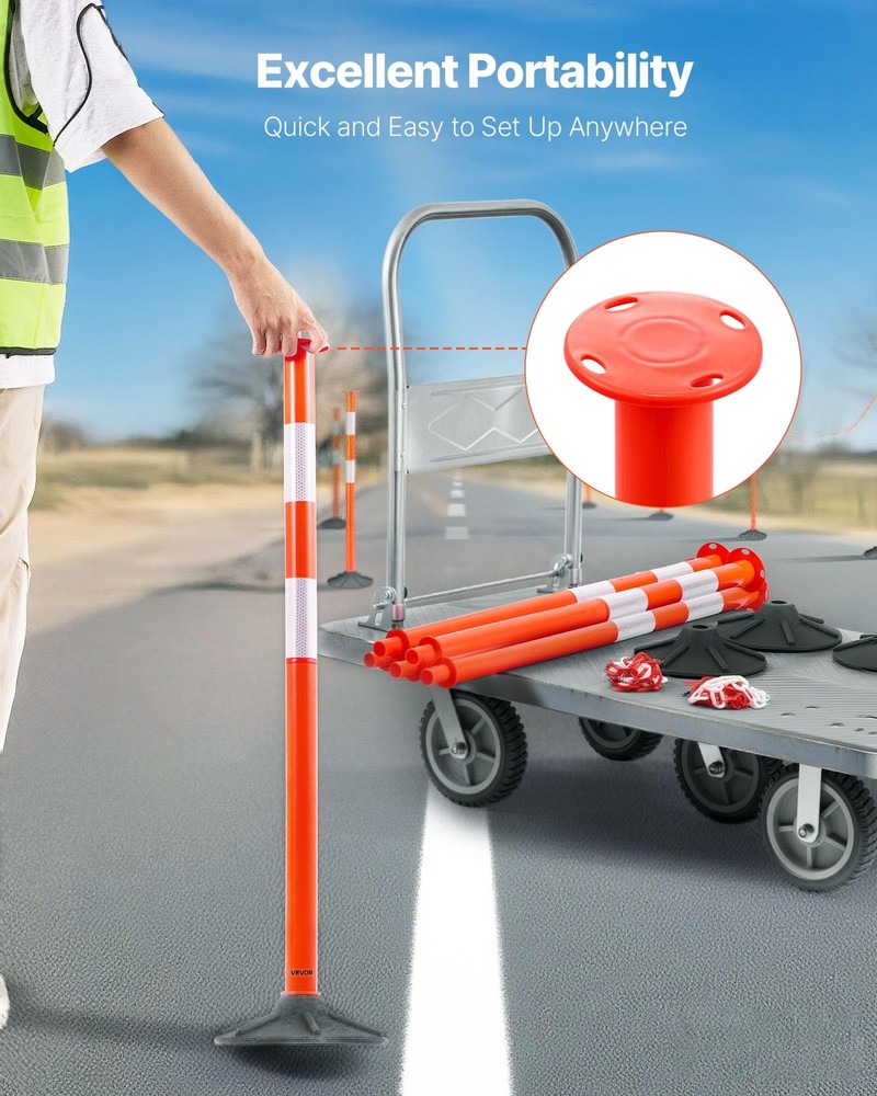 34'' Traffic Delineator Post Set with Weighted Base,High Reflective Strips,Chain