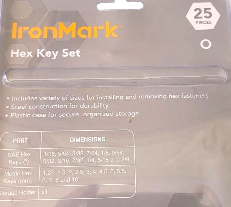 IronMark Hex Key Set Sae/Metric 25pc.with Plastic Case Organized Storage