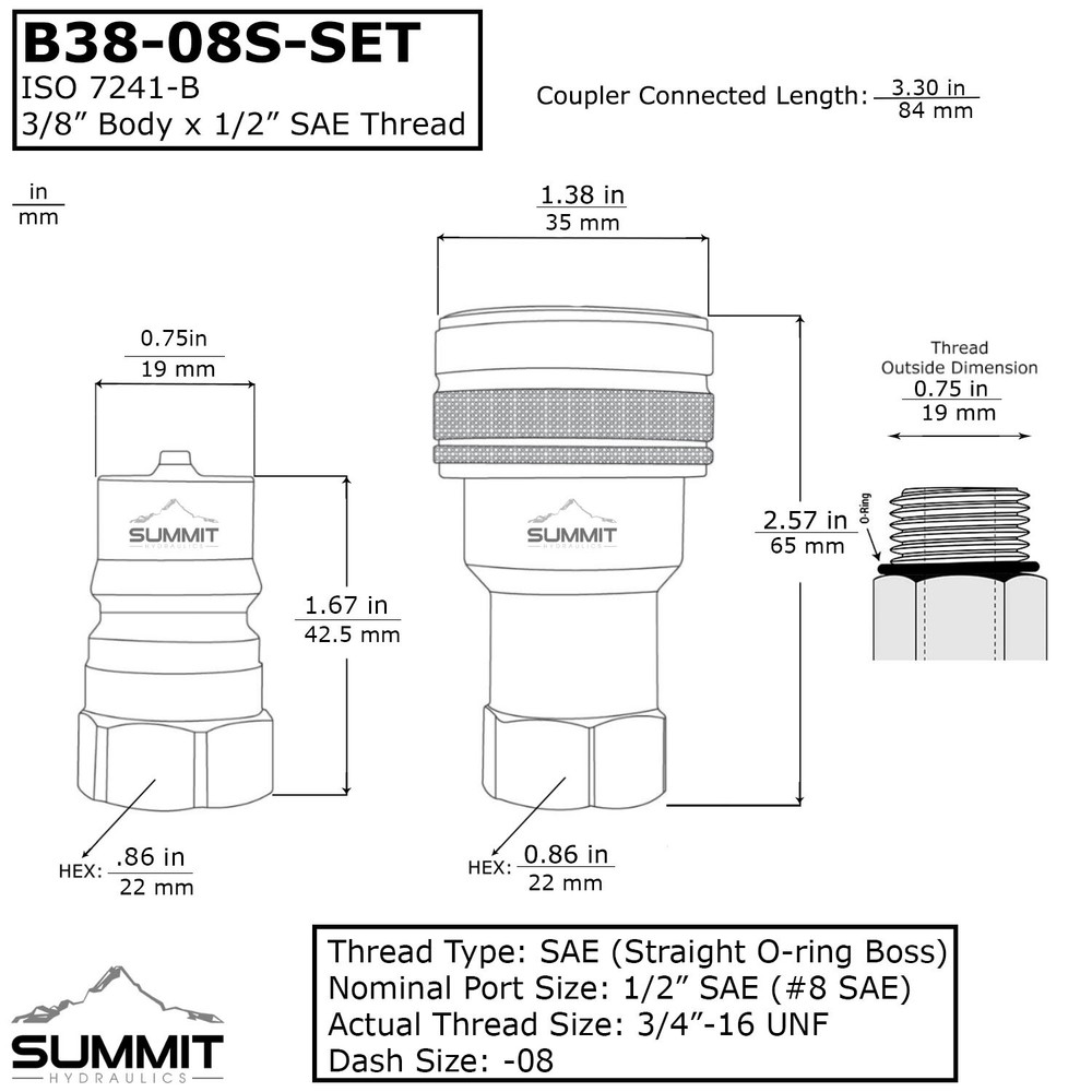 3/8″ ISO 7241-B Quick Disconnect Hydraulic Coupler Set, 1/2″ SAE Thread