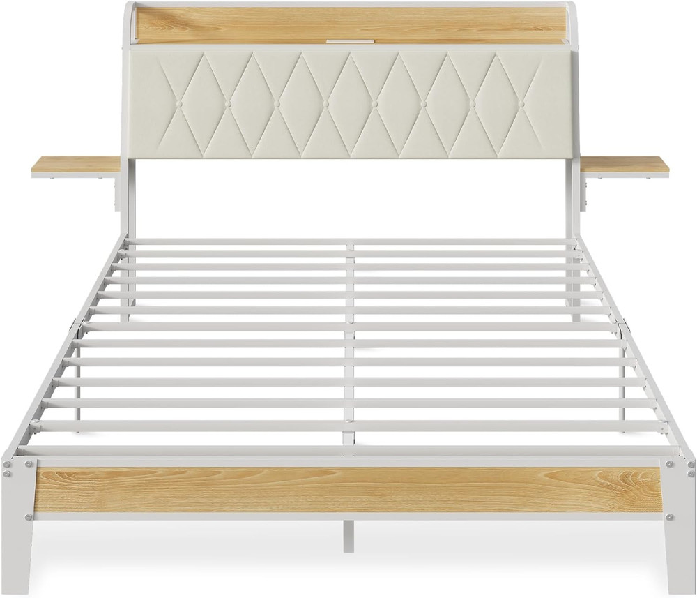 WLIVE Queen Bed Frame with Headboard, Upholstered Bed Frame with 2 Storage Shelv
