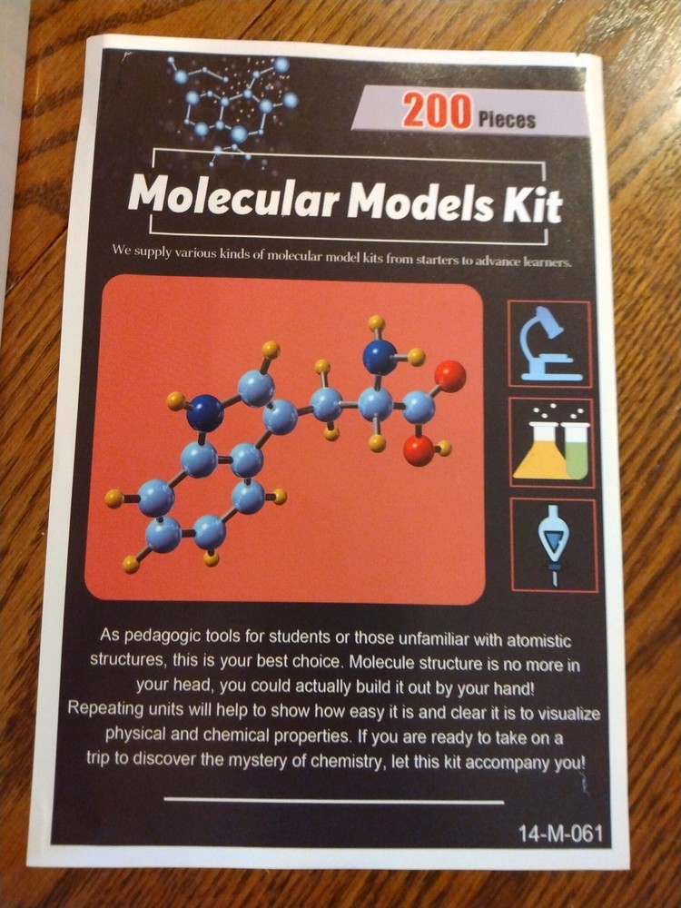MOLECULAR MODELS KIT Molecular Model Kit, 3D Plastic, 200 pcs.
