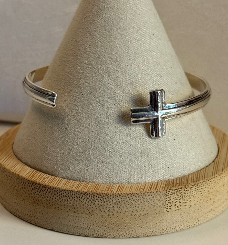 Cross Cuff Bracelet | 925 Sterling Silver Adjustable Open Bangle