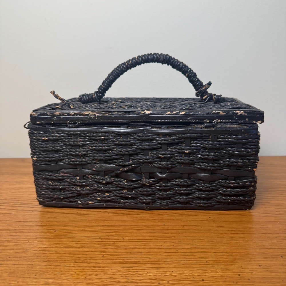 Vintage Black Wicker Sewing Kit Notions Case Handle Clasp Satin lined