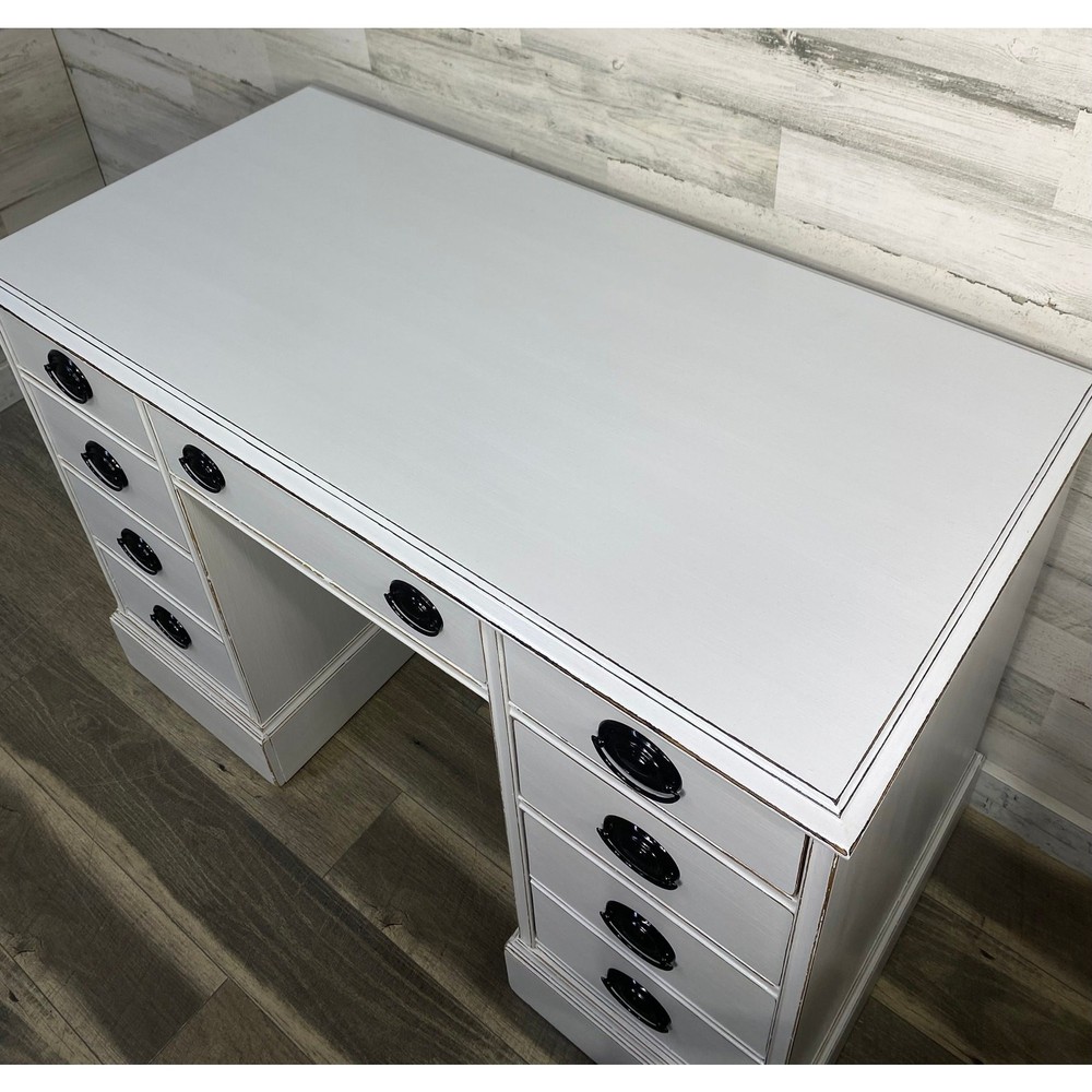 White Vintage Desk Refinished Black Hardware Sturdy