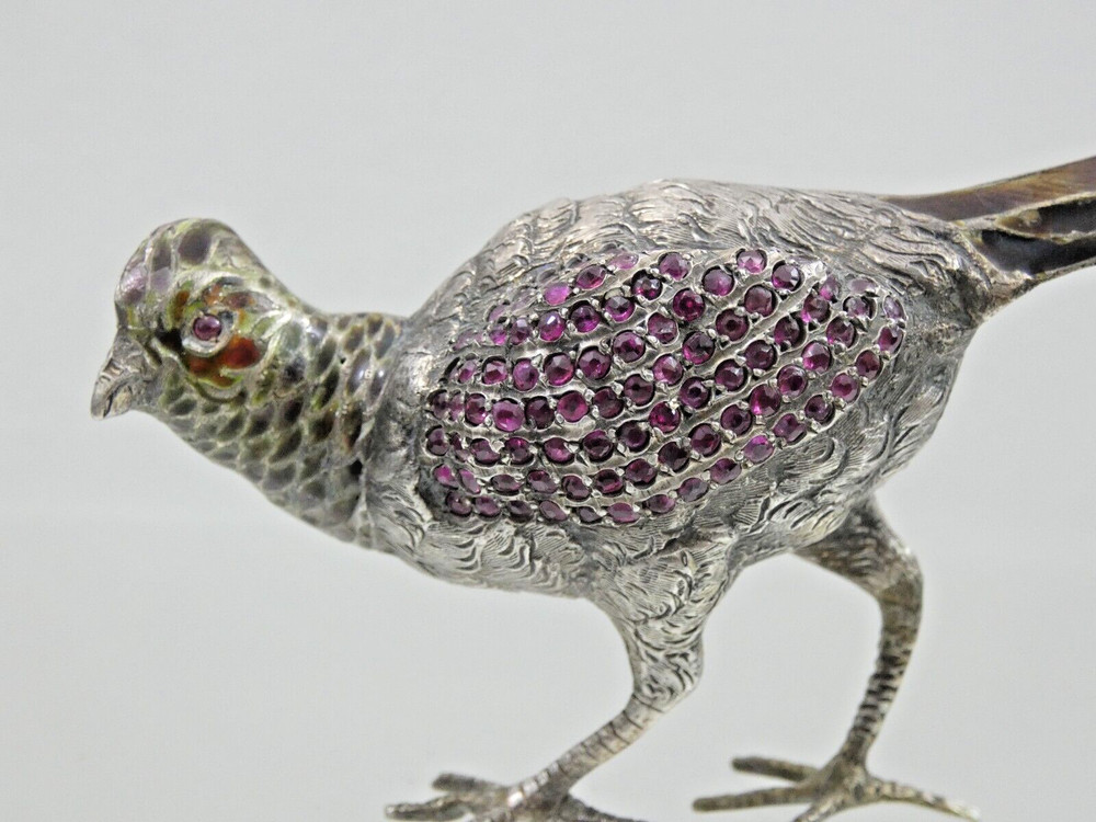 ANTIQUE AUSTRIAN Vienna SILVER ENAMEL MINIATURE BIRD PHEASANT gemset real ruby