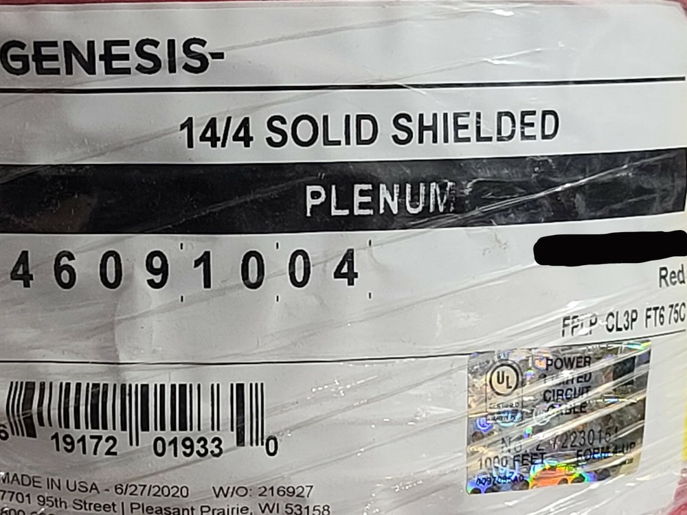 Honeywell Genesis 4609 14/4C Solid Shielded Plenum Fire Alarm Cable Red /50ft