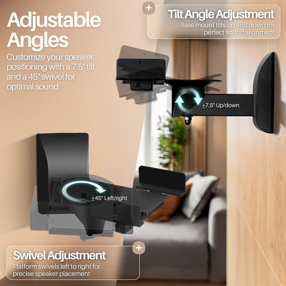 Bookshelf Speaker Wall Mount Adjustable - 2 Pack Speaker mounts Up to 55 lbs