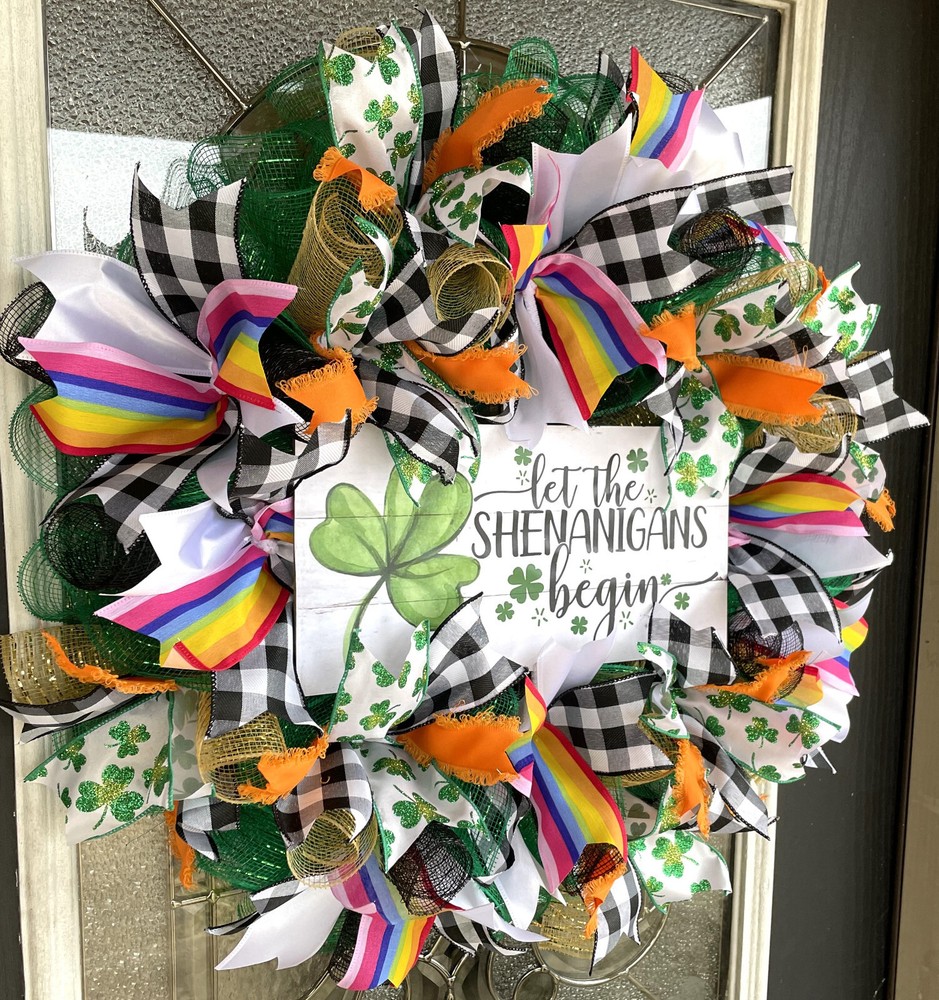 Rainbow Let Shenanigans Begin St. Patricks Day Deco Mesh Front Door Wreath Decor