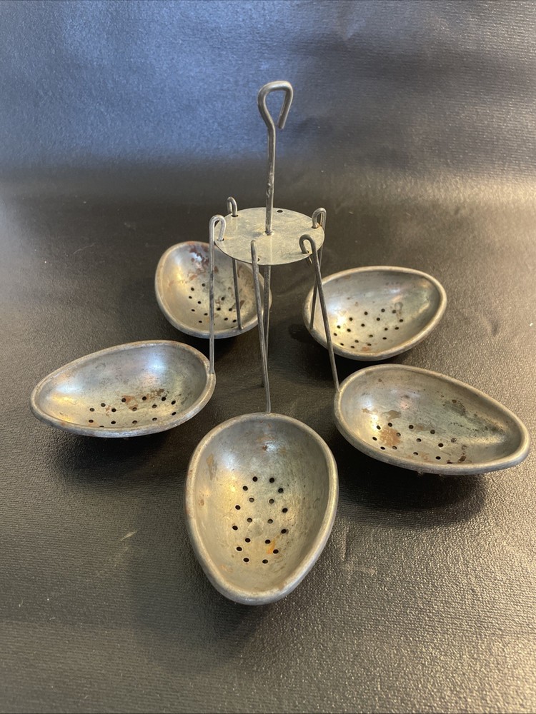 Vintage 5 Metal Tin Egg Shaped Oval  Strainer w/ Handle