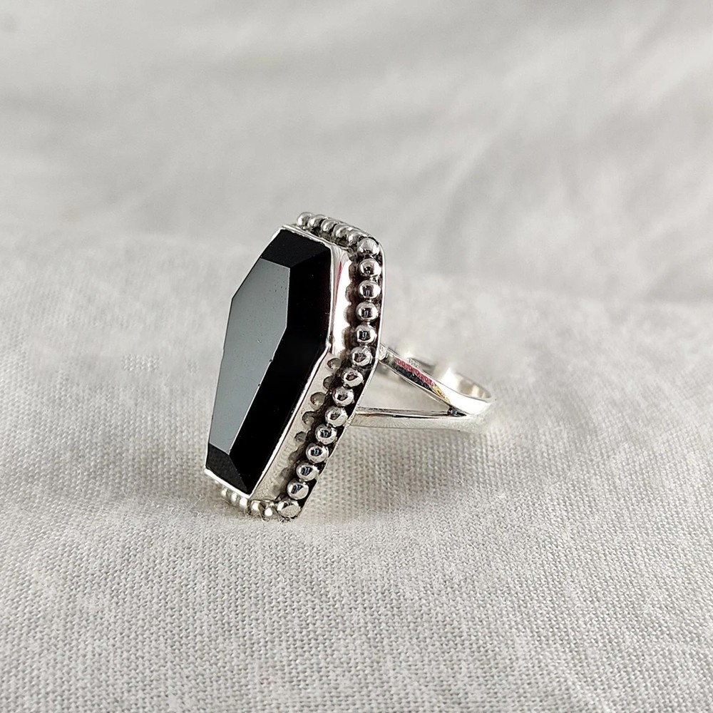 Solid 925 Sterling Silver Black Onyx Coffin Stone Gothic Victorian Handmade Ring