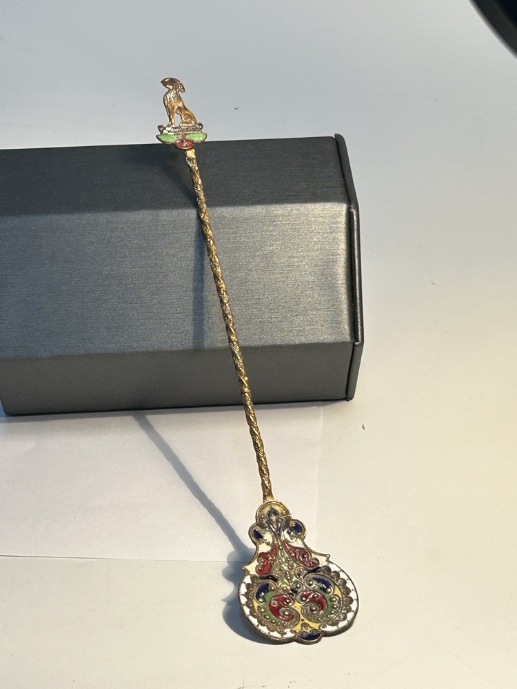 Antique Brass Champlevé Enamel Figural Sphinx Spoon Twisted Handle 19th