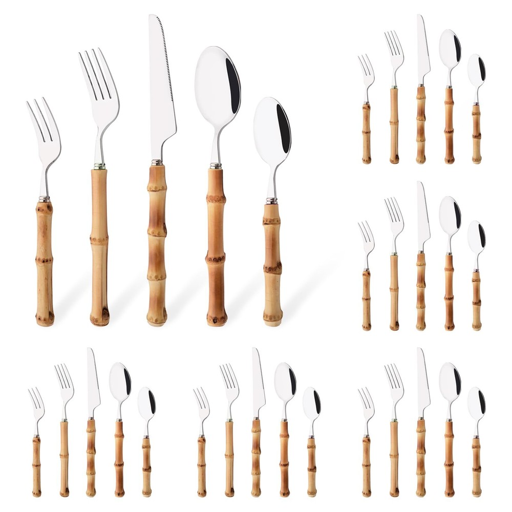 Bamboo Handle Silverware Set 30 Pcs Set for 6 Stainless Steel Flatware Set