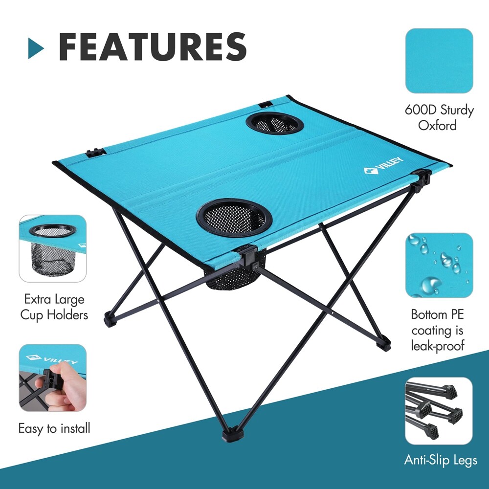 VILLEY Folding Camping Table, Portable Camping Table w/2 Cup Holders & Carry Bag