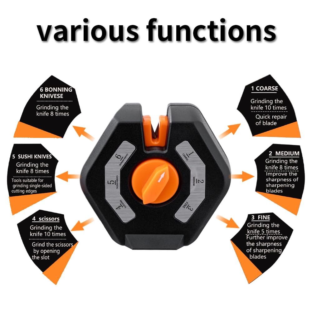 Orange 6-Stage Kitchen Knife Sharpener Adjustable Handheld Manual Sharpener