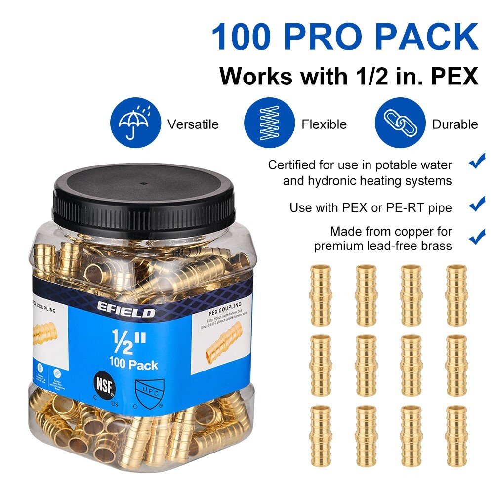 100 Pro Pack EFIELD 1/2" Pex Straight Coupling Brass Crimp Fitting, Lead Free