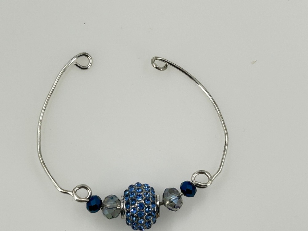 Blue Crystal Bead Silver Tone Adjustable Open Bangle Bracelet 3.5"