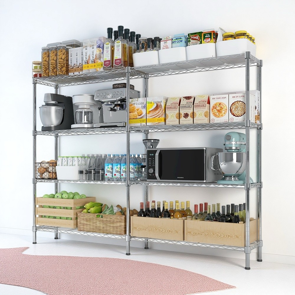 4-Tier Wire Shelving Unit 2-Column - Heavy Duty, Adjustable, Modular & Silver