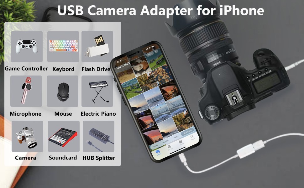 Lightning to USB OTG Adapter for iPhone iPad Camera Card Reader MIDI Hub