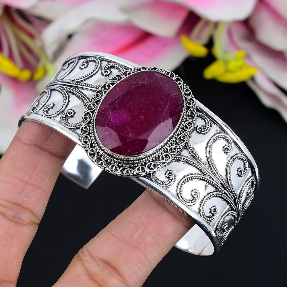 Lab Created Ruby Gemstone Handmade 925 Sterling Silver Bangle Adjustable Cuff