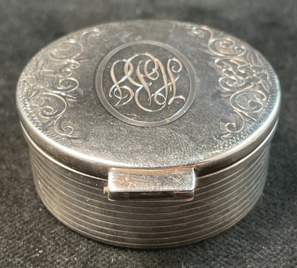 English Sterling Silver Etched Pill Box Birmingham